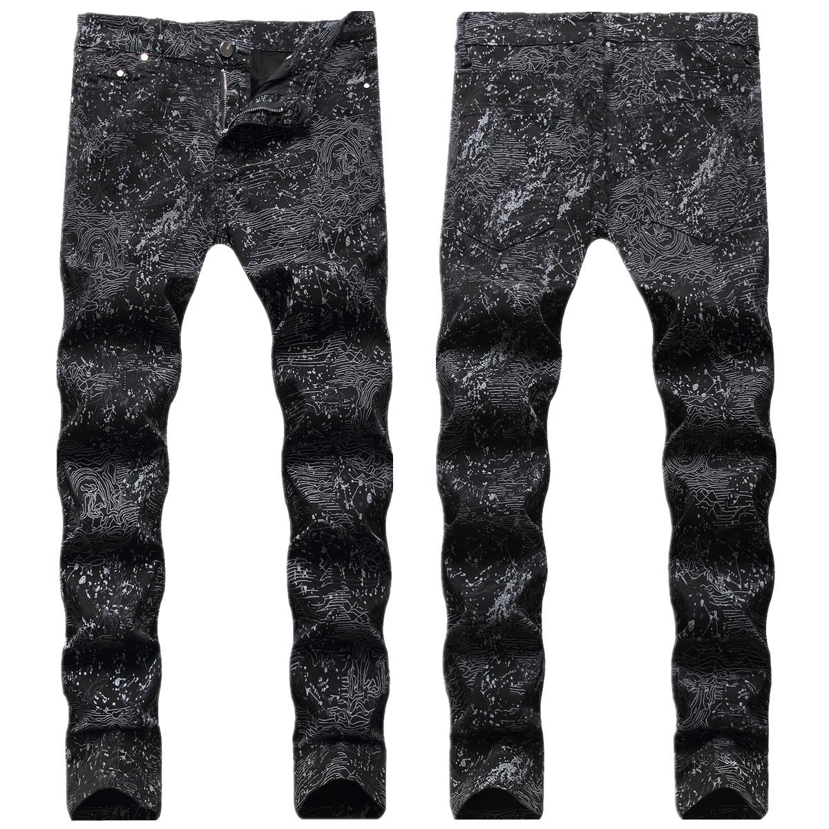 

Men s Slim Fit Hand-Painted Graffiti Jeans - Colorful European and American Style, Black Floral Club Trend Trousers 31