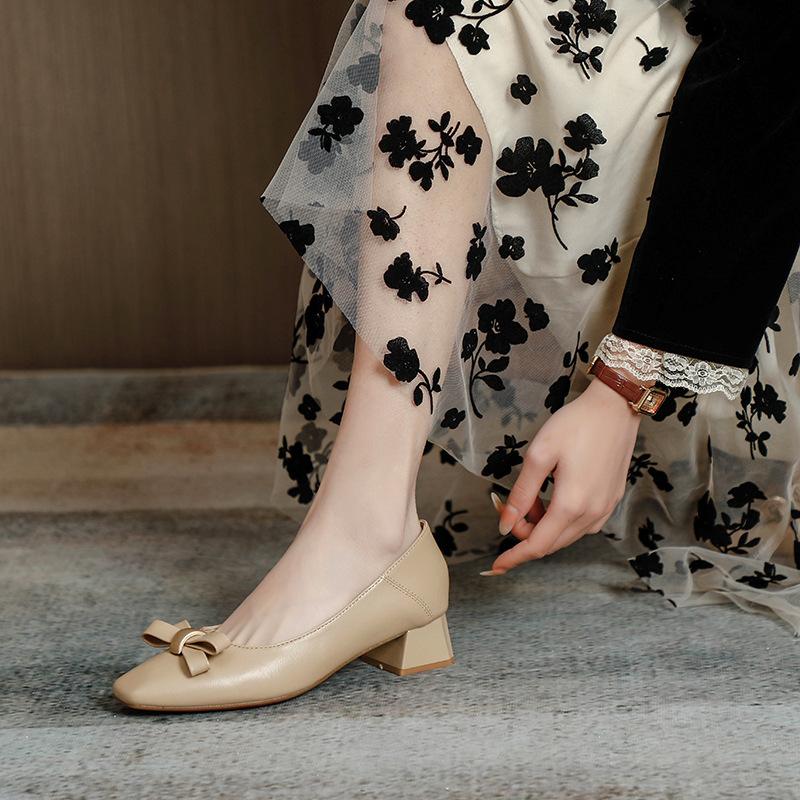 Spring 2025 new square head medium heel single shoes women's thick heel high heels temperament soft leather fashion bow women's shoes