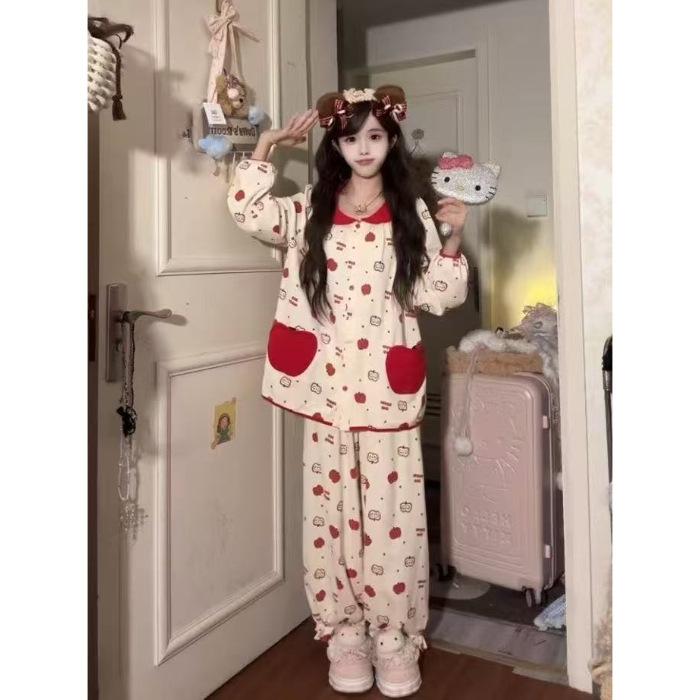 

Spring and autumn new cotton pajamas female cute apple suit long sleeve doll collar cardigan casual loungewear can be worn outside M