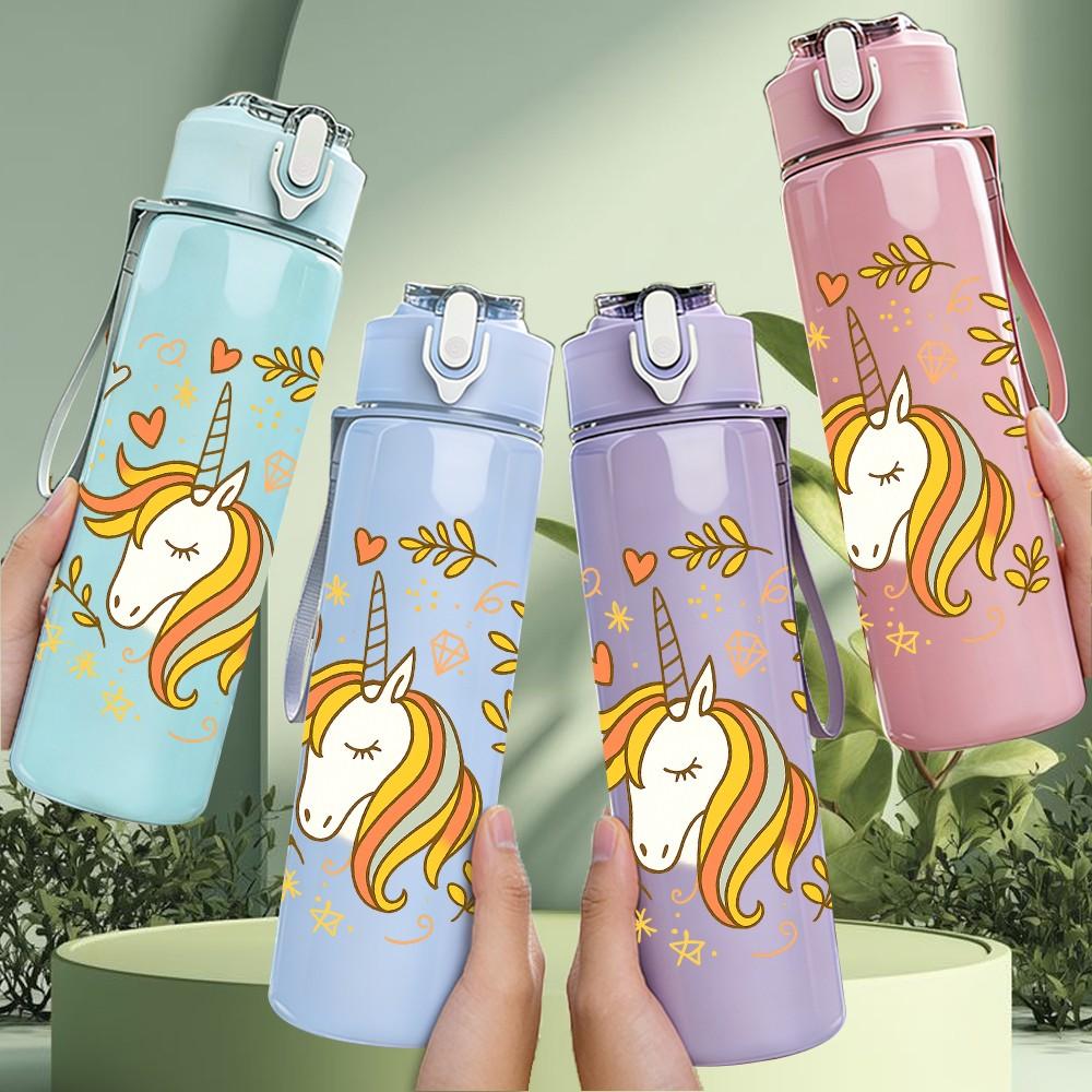 1PC Floral Wreath Unicorn Art 750ml Color Plastic Sports Water Bottle Leakproof Flip Straw Lid Suitable for Sports Office Home Use