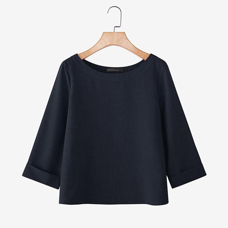 

ZANZEA Женская повседневная блузка с круглым вырезом и рукавами 3/4 однотонная свободного кроя 5XL темно-синий