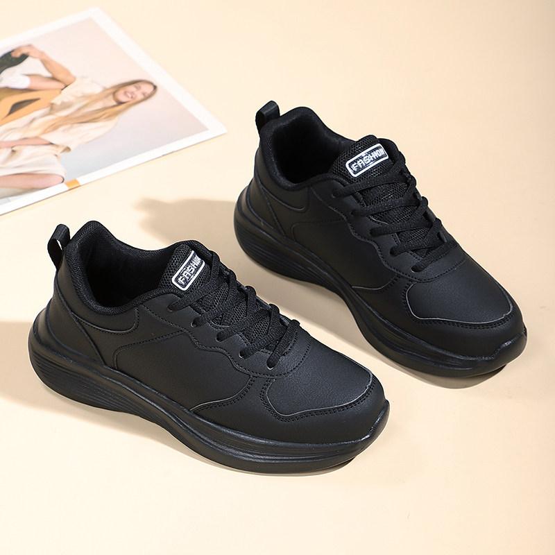 Spring and Autumn Black Sports Shoes, Waterproof and Non-slip Leather Surface, Ultra-light Soft Sole, Long Standing, Not Tired Feet, Large Size Shoes