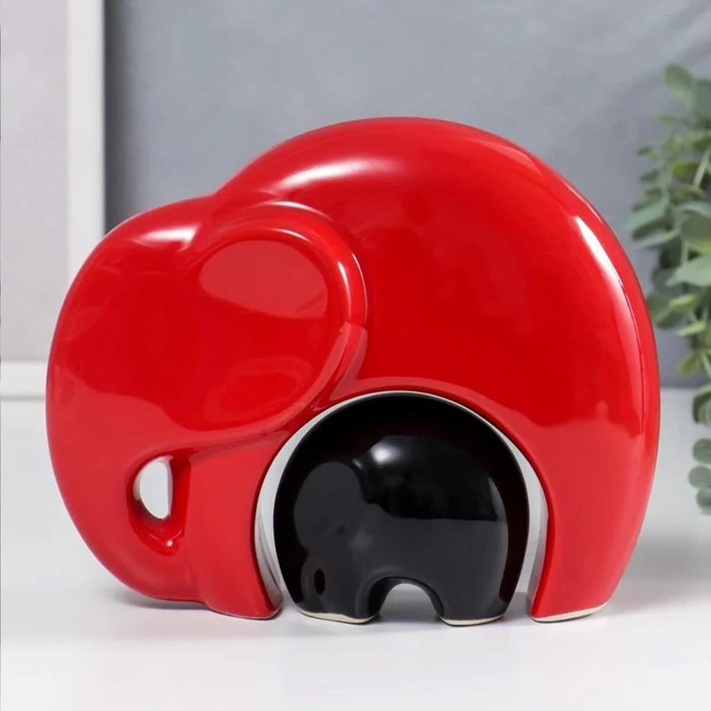 Home Décor Lucky Charm Elephant Mother & Child | Piano Finish Ceramic Figures - (Set of 2 Piece, Red and Black)