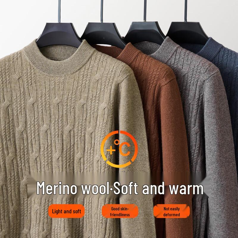

Jinju Men s 100% Pure Wool Cable Knit Round Neck Sweater XL