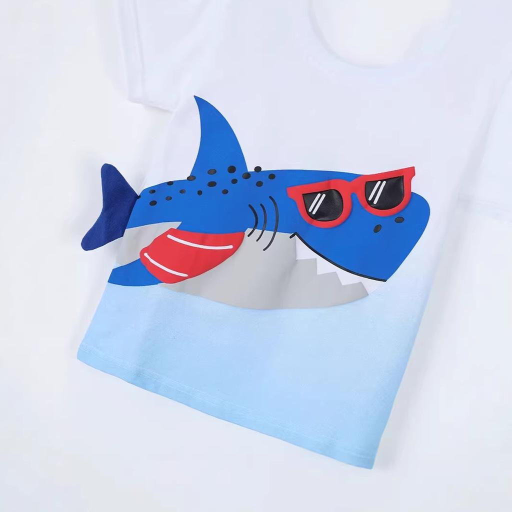 New Summer Collection: Boys’ T-shirts, Round-neck Children’s Short-sleeved T-shirts, Knitted Cotton Children’s Sweatshirts with Shark Print