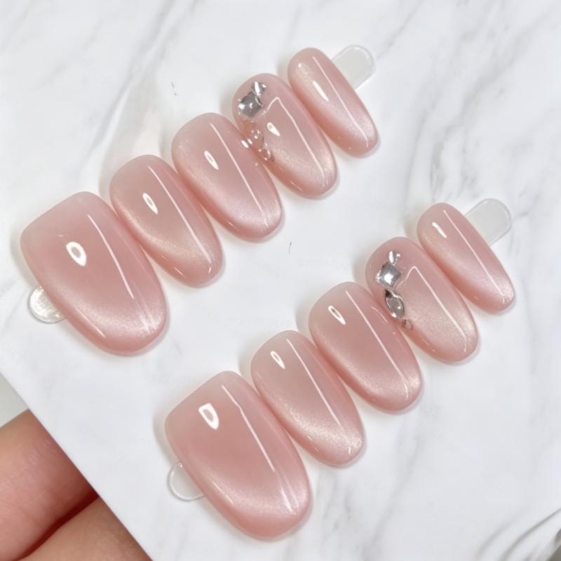 10Pcs Handmade Almond Cat Eye Nails Sweet Nude Pink Press On Nails High Quality Fake Nails Gift For Girls