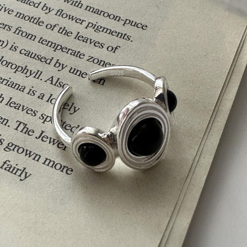 

925 Sterling Silver Rings For Women Geometric Fine Jewelry Finger Adjustable Simple Black Stone Bal Ring For Party Birthday Gift resizable