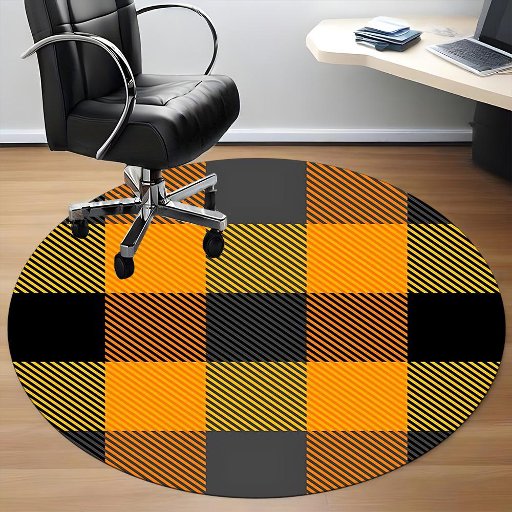 1 Stück Orange Schwarz karierter Stuhlteppich für das Büro, Runde Polyestermatte, Innendekoration für das Büro, Pflegeleichtes Gewebe, Waschbarer rutschfester Teppich