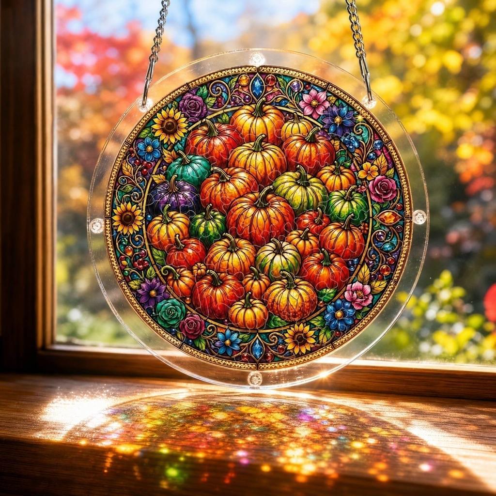Acrylic Halloween Suncatcher Puzzle - Flat Pumpkin for Window Decor