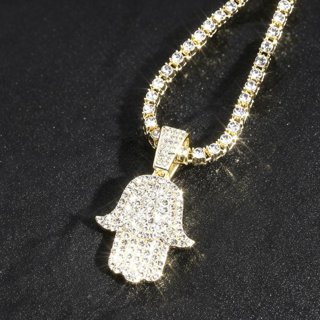 Hamsa Fatima Hand Necklace with Diamond Encrusted Pendant and Hip Hop Chain