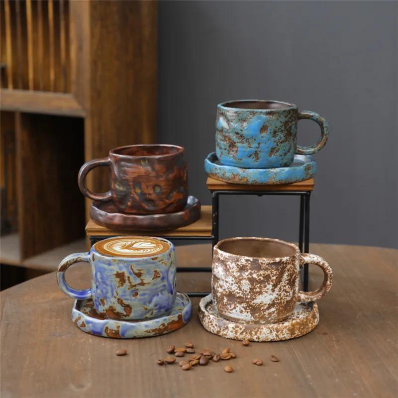 Retro Ceramic Cup Cross-border Mug Japanese Style Simple Afternoon Tea Cup Creative Coarse Pottery Coffee Cup Saucer Set