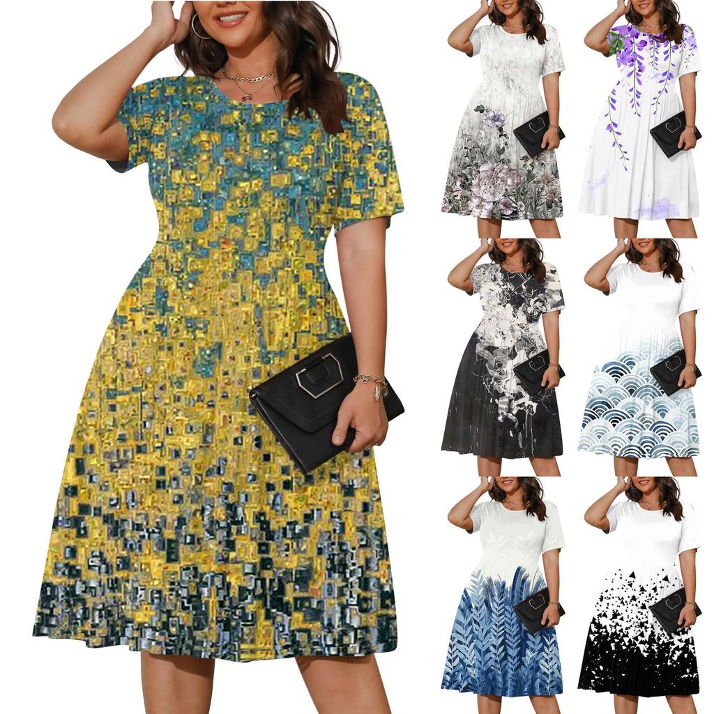 Womens Plus Size Summer Dress Casual Short Sleeve Paletead Waist Loose Fit Swing T-Shirt Dress With Pockets