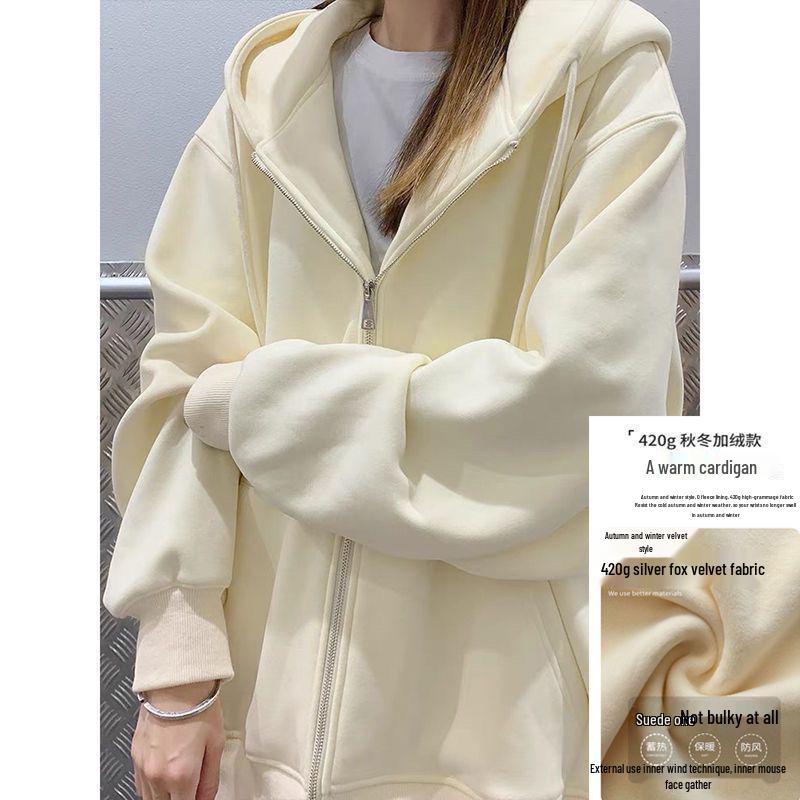 Women's Red Hooded Zip-Up Cardigan - New Year Battle Robe Style, Plus Velvet, Petite Loose Fit for Spring & Autumn