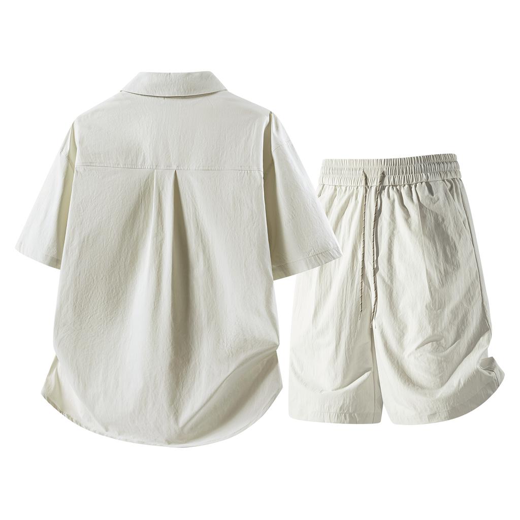 Summer Solid Color Basic Versatile Ice Silk Set Men's Shirt Short Sleeved Set Men's Two-piece Set
