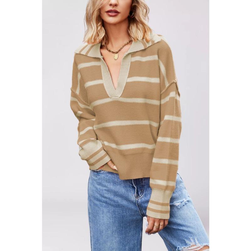 

Осенне-зимняя женская одежда новая мода лоскутный полосатый свитер лацкан свободный большой размер вязаный свитер женщины XL хаки