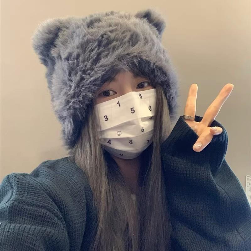 

Autumn and winter cute plush bear hat female plush thickened warm imitation rabbit fur windproof ear protection headhat 52-56cm сірий колір