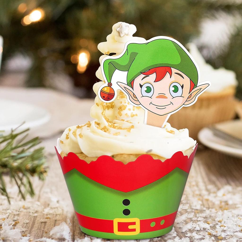 128 Pieces Christmas Cupcake Toppers Wrappers Party Supplies Favors - Snowman Santa Claus Reindeer Elf Gnome Gingerbread