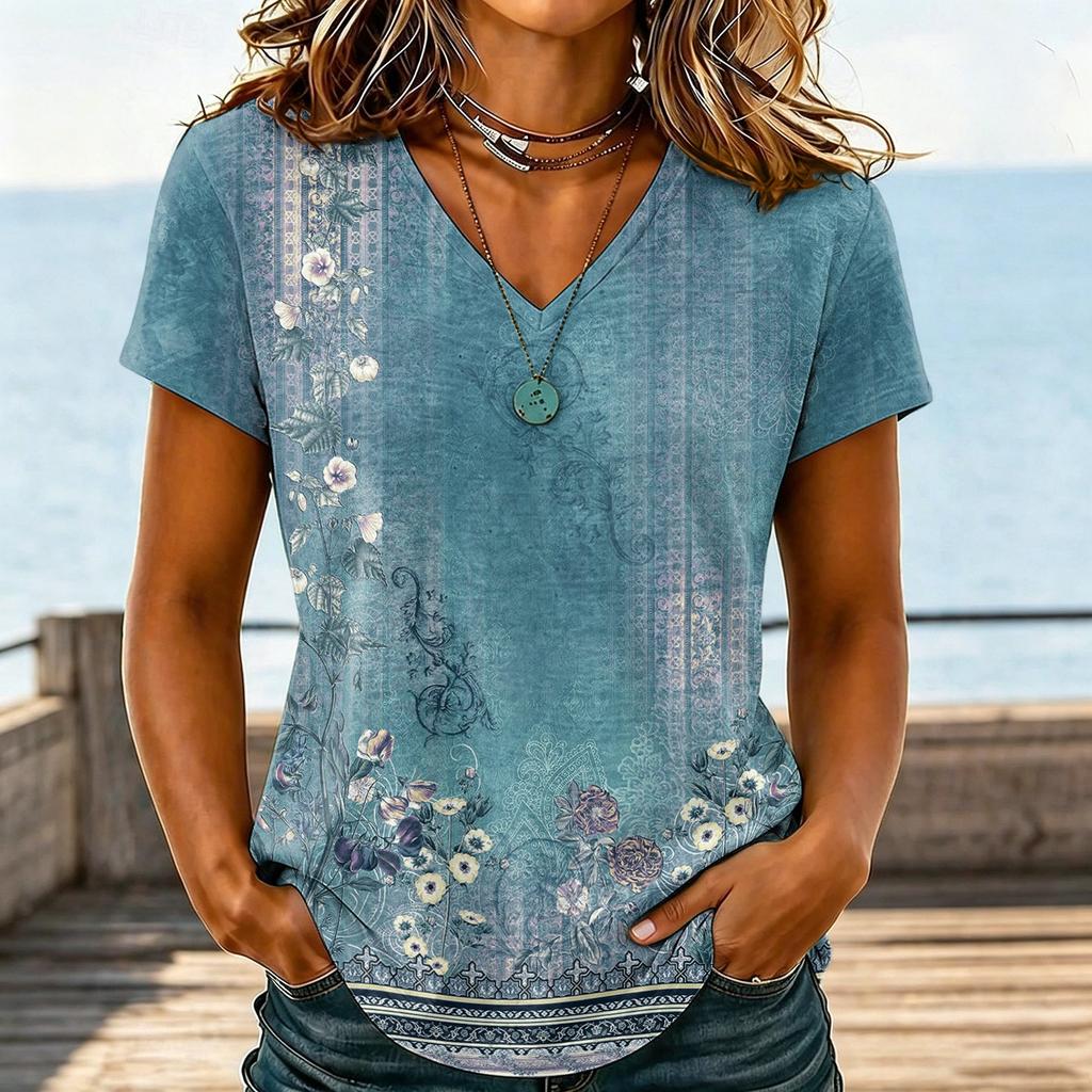 Women Casual V Neck Floral Print T Shirt Short Sleeve Lightweight Loose Fit Top for Everyday Wear