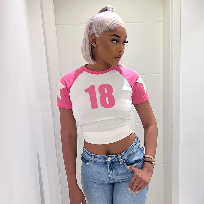 Y2K Summer Spicy Girl Rundhalspullover mit Stern- und Buchstabendruck, kontrastierende Kurzarm-T-Shirt mit offenem Nabel, europäisches und amerikanisches Damen-Top