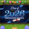 Blue Class of 2026 Graduation Backdrop, "Congratulations Graduates" with Cap and Diploma for Celebration