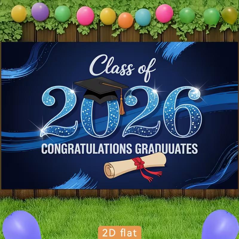 Blue Class of 2026 Graduation Backdrop, "Congratulations Graduates" with Cap and Diploma for Celebration