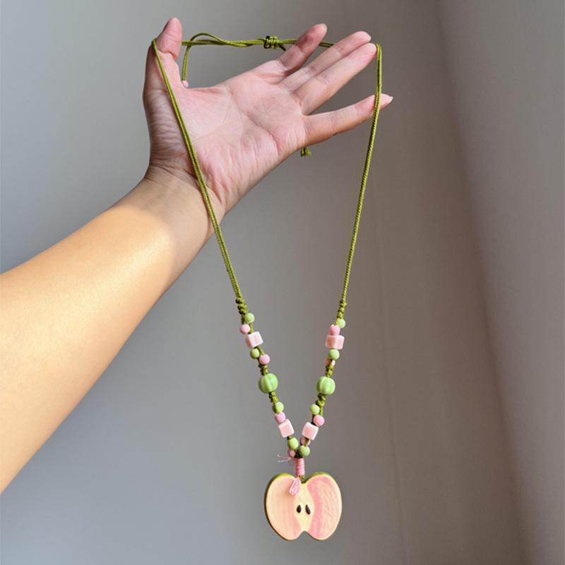 Pink Ceramic Apple Beaded Pendant Necklace - Colorful Clavicle Chain for Women