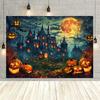 Spooky Halloween Backdrop: Dark Night Bat Castle with Pumpkin O'Lanterns - Perfect for Party Decorations and Photo Booth Props