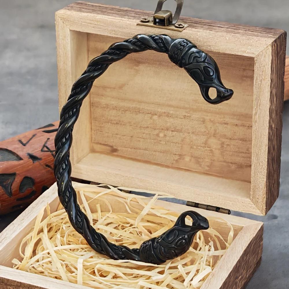 Edelstahl Wikinger Drachen Armband für Männer mit nordischer Holzbox Armreif Armband