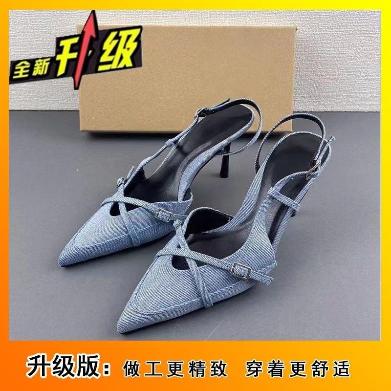 Shoes new women's summer denim blue pointed thin heel dew heel high heel fashion sandals