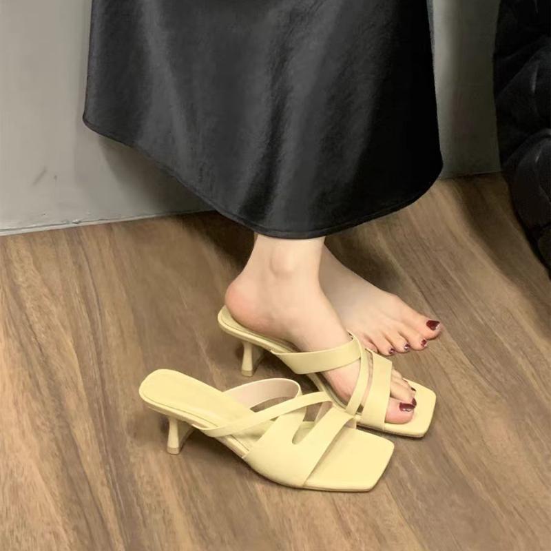 Square Toe High Heels Slippers Women Sandals Summer Woman Shoes 2025 Fad Pumps Chunky Shoes Elegant Dress Open Toe Slides Mujer