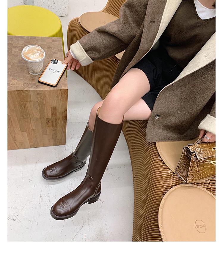 Bottes d'équitation hautes jusqu'au genou en cuir véritable pour femme, bout rond, avec broderie camélia en cuir de vachette