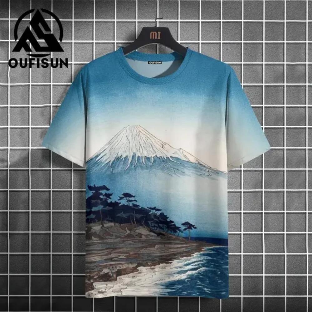 T-shirt för män i japansk stil med tryckt krigarmönster, avslappnade lössittande kortärmade t-shirts, överdimensionerade herrkläder, toppar, sommar