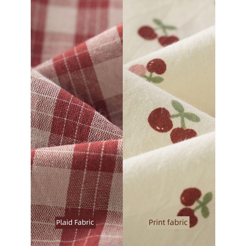 Plus size women clothing [Idyllic Dream] Chubby Girl Slimming Red Plaid Dress Lace Stitching Cherry Floral Dress