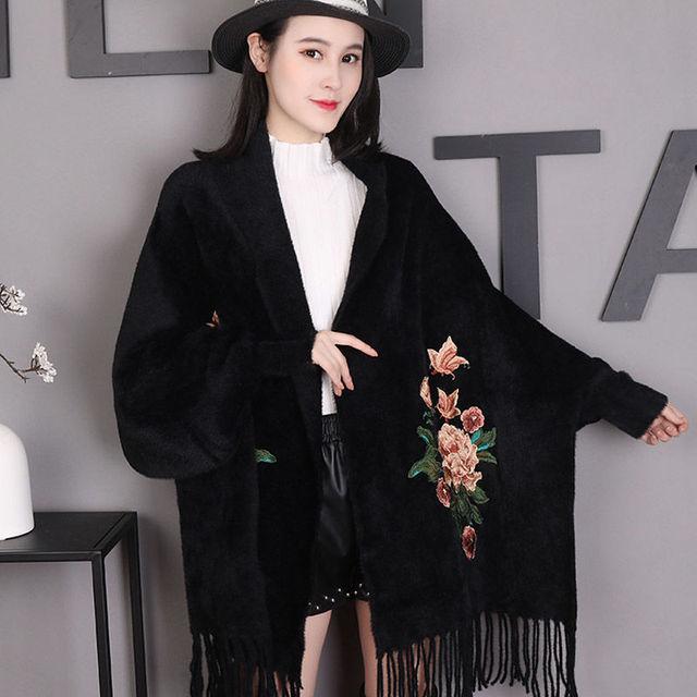 

Норковая флисовая накидка-шаль, зимний двухцелевой вышитый кардиган с бахромой, утолщенный свитер с длинными рукавами, приятный для кожи One Size