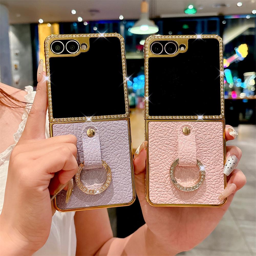 Luxus Strass Beschichtet Rahmen Litschi Leder Handyhülle Für SAMSUNG Z Flip 7 6 5 4 3 Fingerring Unifarbene Schutzhülle