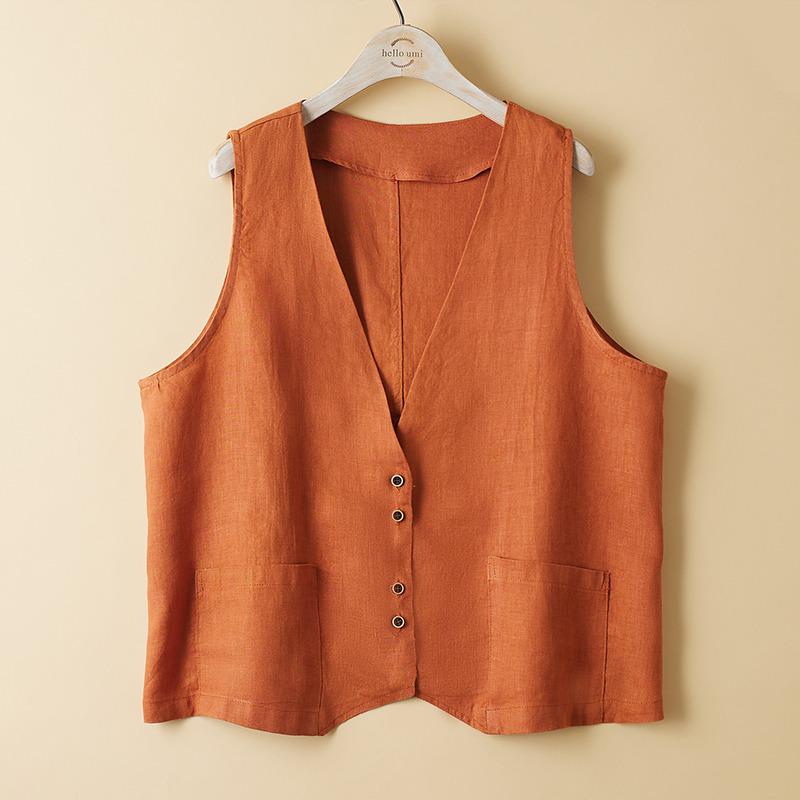 2025 Summer Women's Solid Color Sleeveless Cotton Linen V-Neck Vest