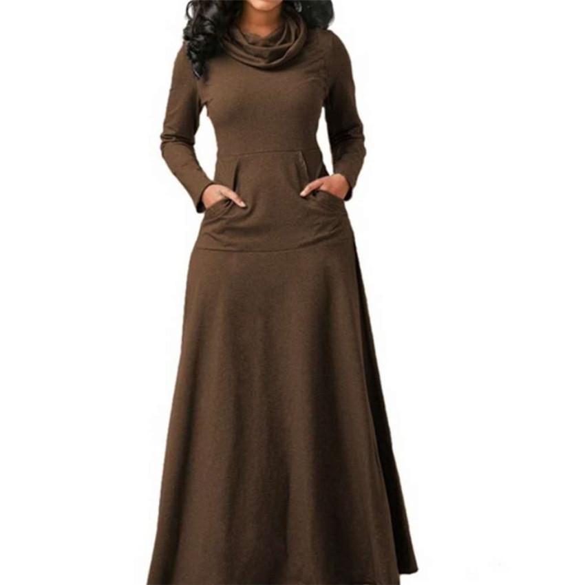 Autumn and winter solid color patchwork interface pocket neck long dress autumn and winter long dress