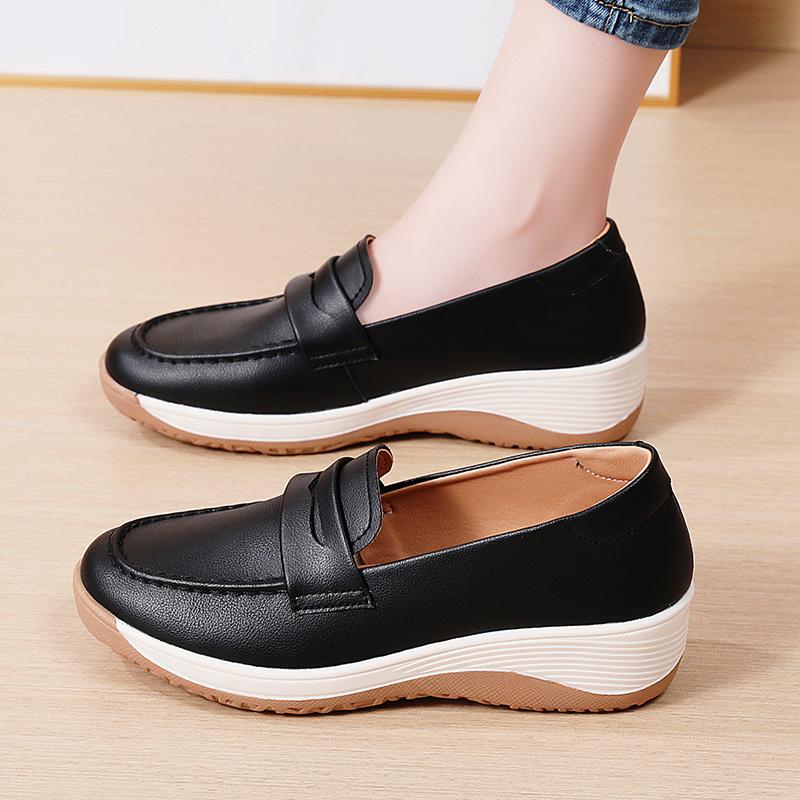 Mocasini cu platformă pentru femei, casual, eleganți, din piele neagră, pantofi de birou pentru femei, cu talpă groasă, pantofi cu vibrații, mărimi mari
