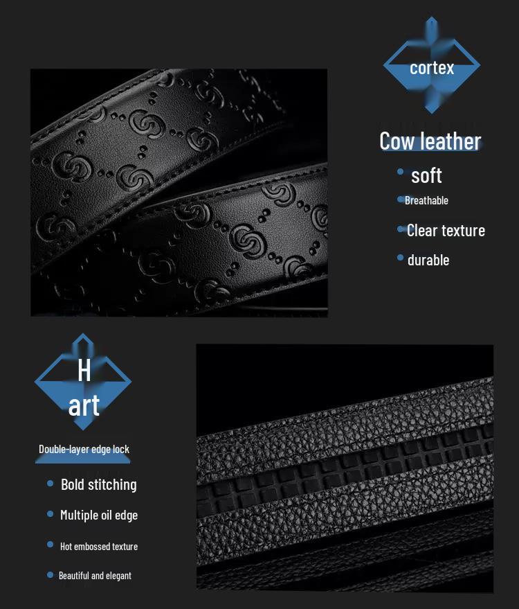 Męski luksusowy dwuwarstwowy pasek ze skóry bydlęcej z automatyczną klamrą i drewnianym pudełkiem prezentowym