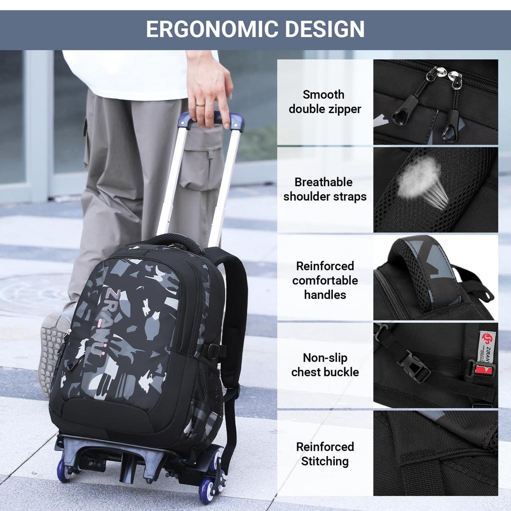 School Backpack Trolley for Boys Men Backpack with Wheels School Bag Boys Teenagers Waterproof Casual Daypack 16 Inch