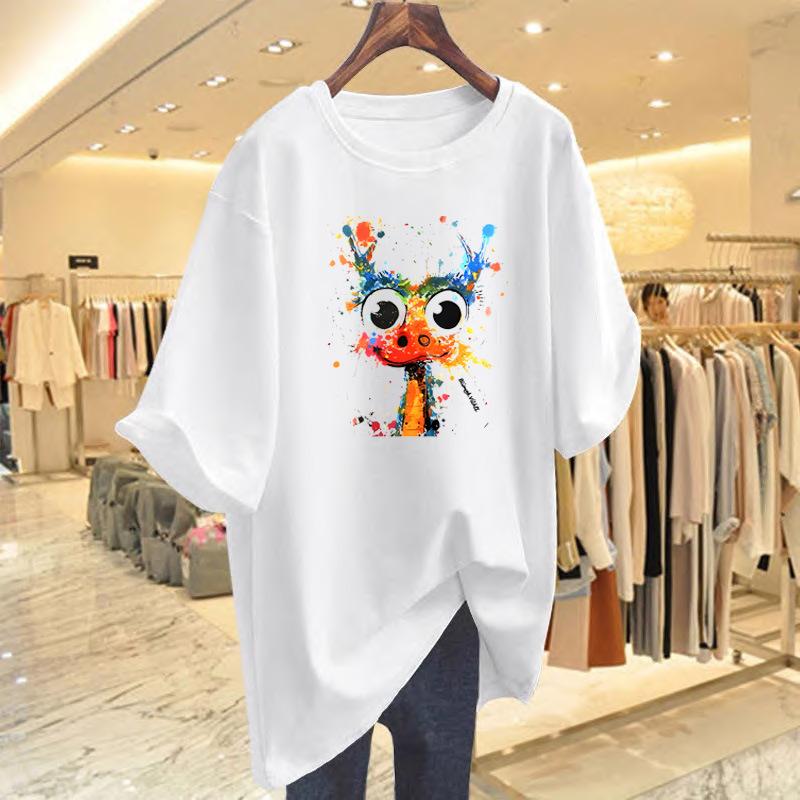 

Cartoon printing loose casual cotton short-sleeved t-shirt women s summer new white top bottoming shirt S
