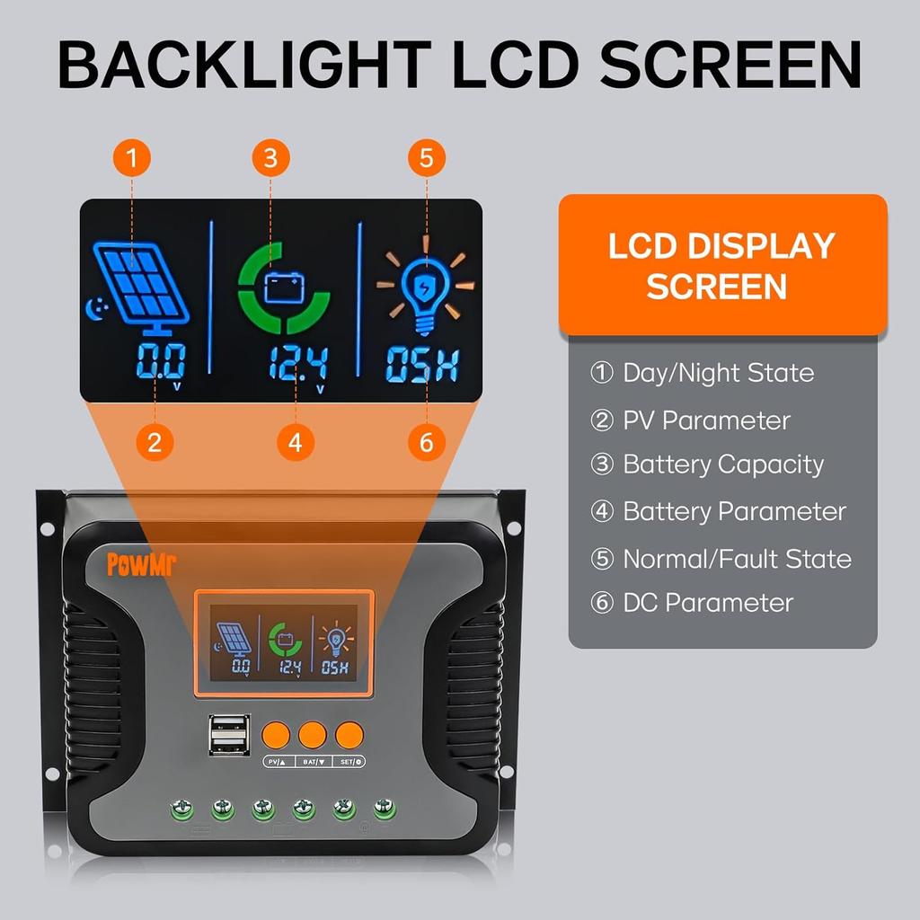 PowMr 30A PWM Solar Charge Controller, 12V 24V 36V 48V Auto, LCD Display and Dual USB Output, Fit for AGM, Gel, FLD, Lead-Acid and Lithium