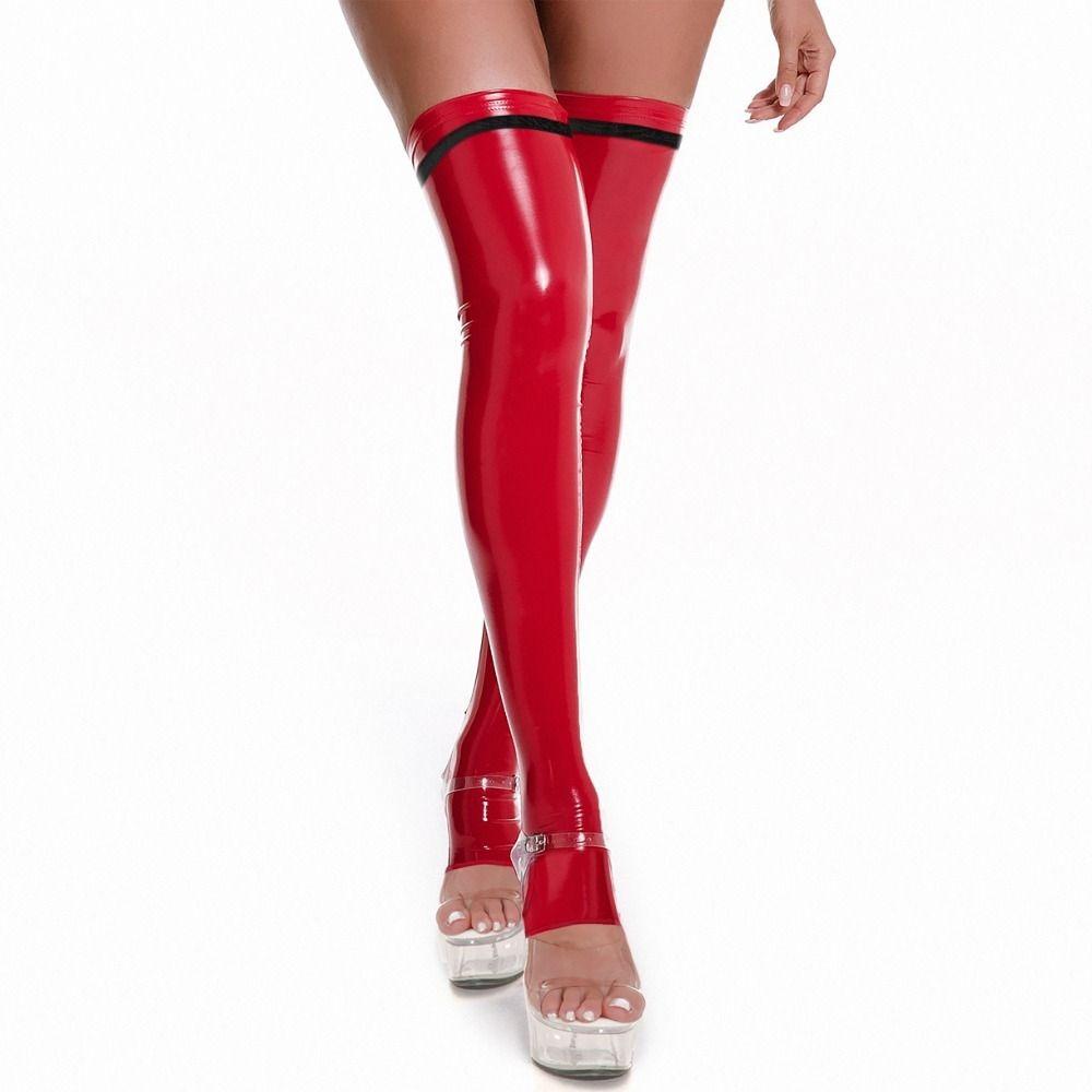 Gothic Faux Leather Stockings Shiny Smooth Long Socks New Open Toe Hosiery Stage Performance