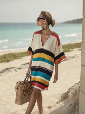 2026 summer European and American new loose printing V-neck women's casual vacation dress