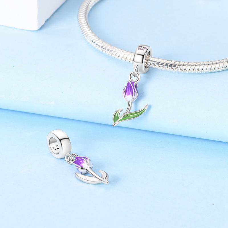 Charms Original Copper Purplettulip Pendant Plant Beads Fit Bracelet Women Jewelry Diy Fine Gift Accessory