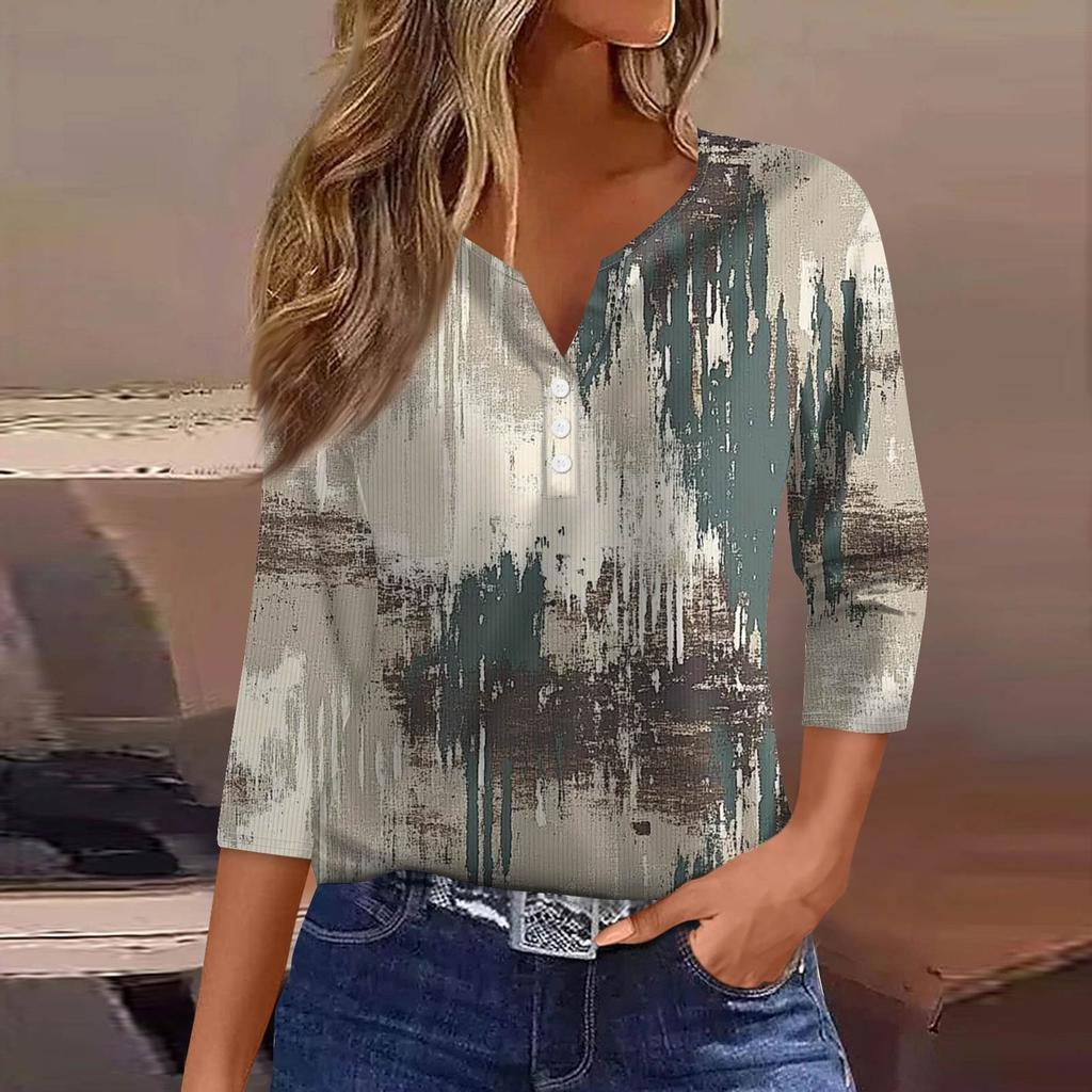 Damski T-shirt Koszulka Nadruk Guzik Rękaw 3/4 Tunika Codzienna Weekendowa Moda Podstawowy Dekolt V Regularny Top