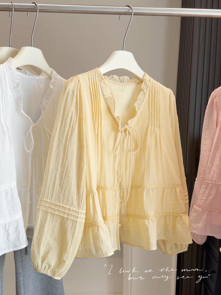 2026 Spring/Summer Women's French V-Neck Ruffle Tie-Up Loose Lantern Sleeve Shirt