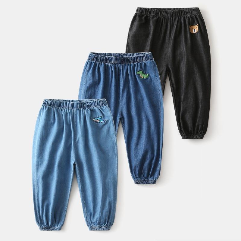 Children's Summer Mosquito Proof Pants Boys' Lightweight Denim Loose Pants Baby's Fashionable Embroidered Wide Leg Pants