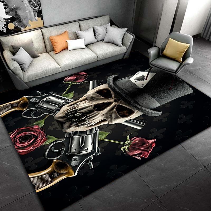 "Skull with Top Hat, Guns, Roses, and Ace of Spades Printed Carpet" Suitable for use as an anti-slip for living room bedroom sofas