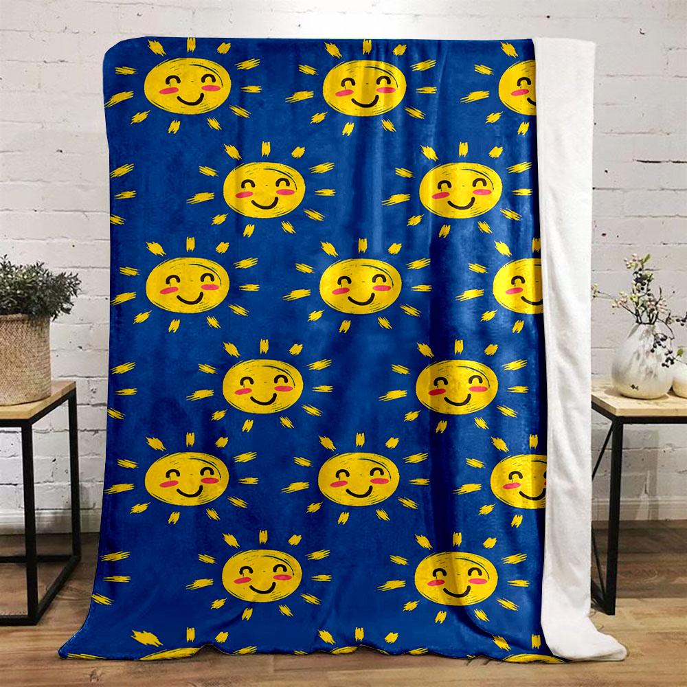 Smiling Suns On Bright Blue Background Patterned Flannel Blanket Perfect for the Bedroom Living Room, Sofa, or a Little Nap